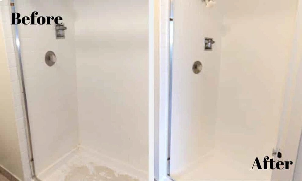 The image shows the before and after of the same shower, the before has some brown on the floor and the after is all white.